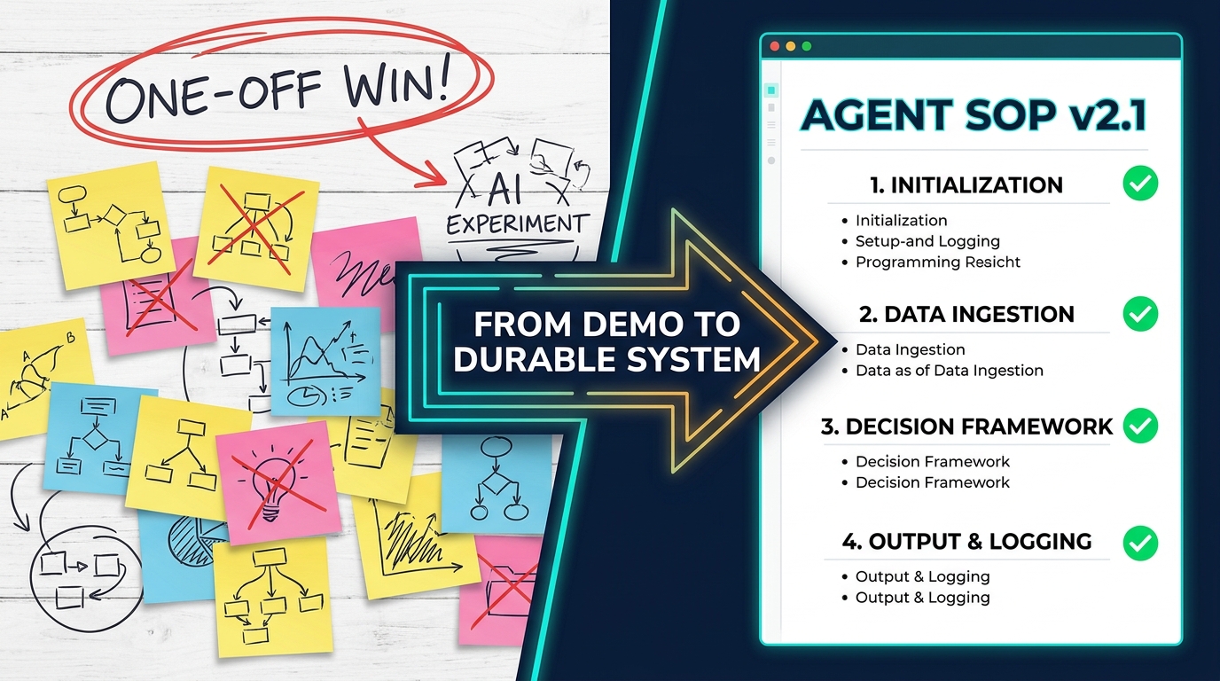 Split-screen showing a chaotic whiteboard of one-off AI agent wins on the left and a clean, structured Agent SOP v2.1 document on the right, with an arrow labeled