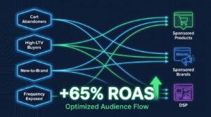 Amazon Marketing Cloud audience segments flowing into PPC campaign structures with +65% ROAS overlay