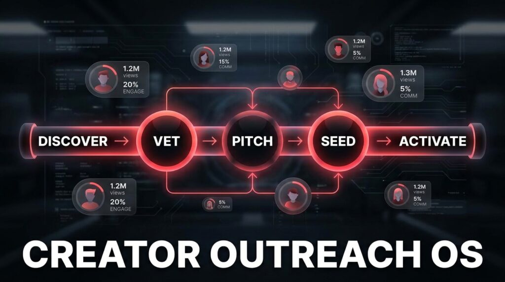 Creator Outreach OS: TikTok Shop pipeline flowchart showing Discover, Vet, Pitch, Seed, and Activate stages
