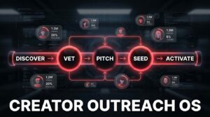 Creator Outreach OS: TikTok Shop pipeline flowchart showing Discover, Vet, Pitch, Seed, and Activate stages