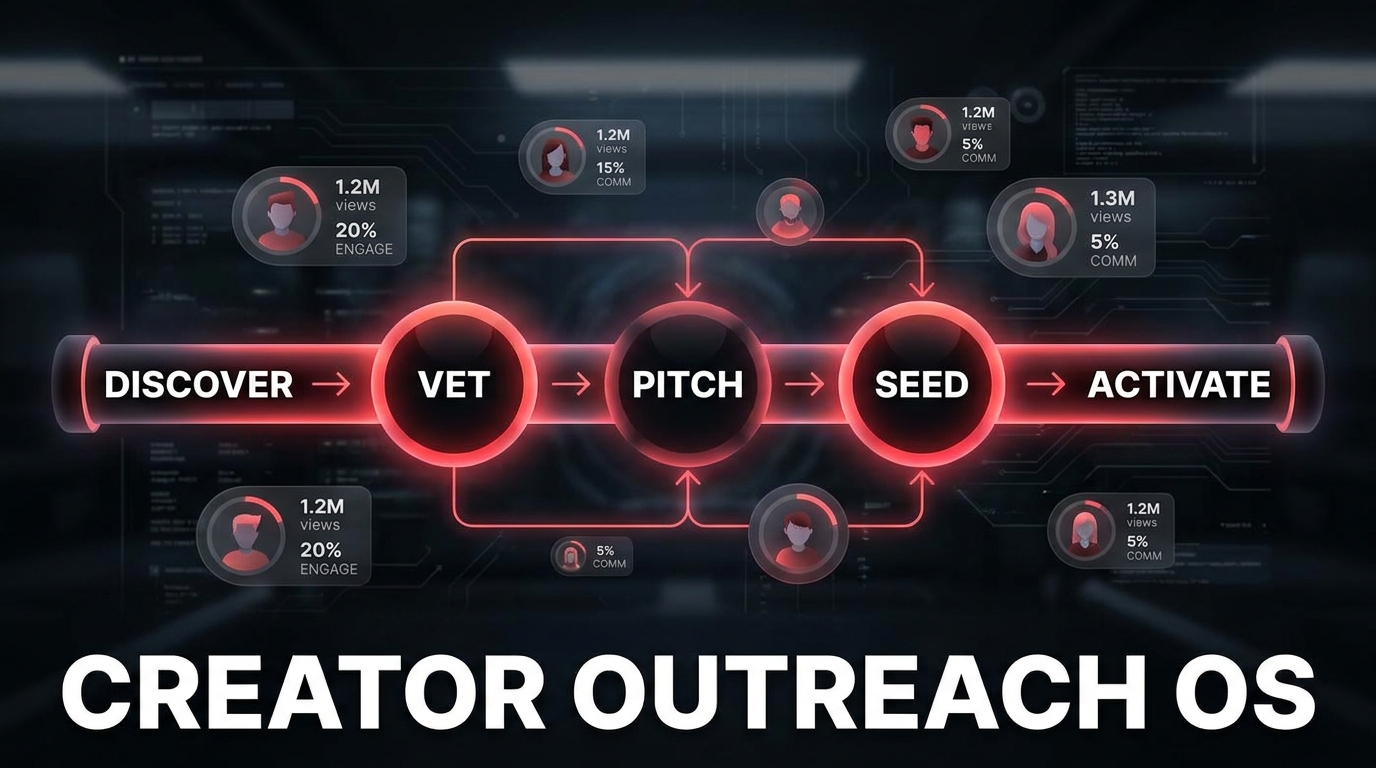 Creator Outreach OS: TikTok Shop pipeline flowchart showing Discover, Vet, Pitch, Seed, and Activate stages