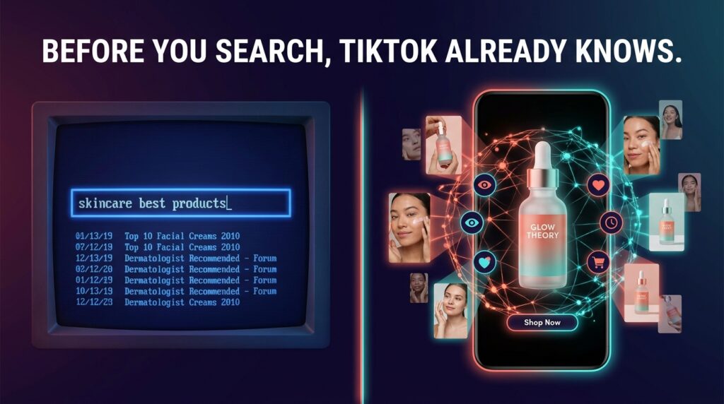 Split-screen showing traditional keyword search on the left vs TikTok AI product discovery with neural signals on the right — overlay text reads Before You Search TikTok Already Knows