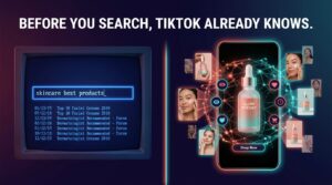 Split-screen showing traditional keyword search on the left vs TikTok AI product discovery with neural signals on the right — overlay text reads Before You Search TikTok Already Knows