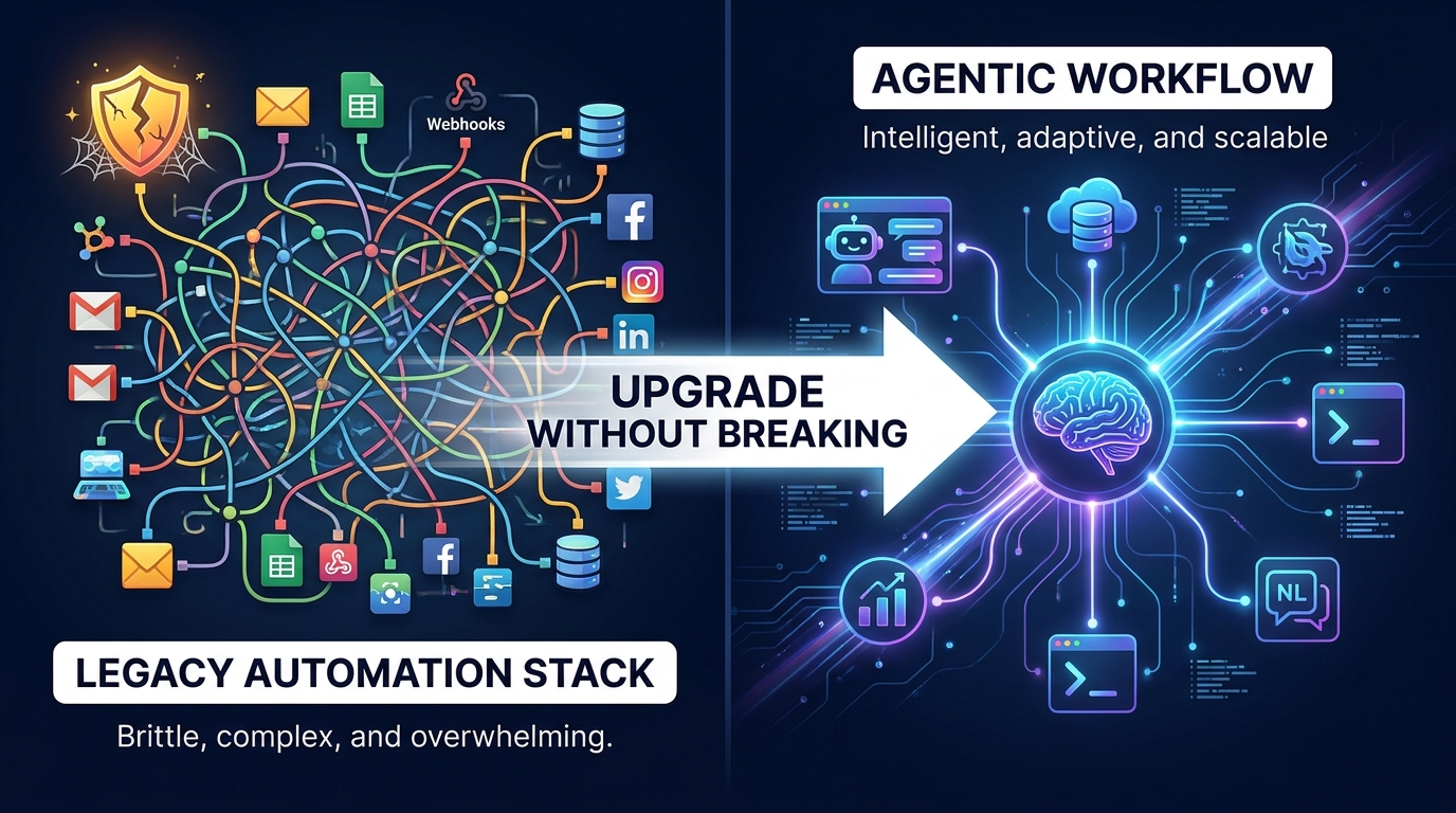 Split-screen showing tangled legacy Zapier automation stack on the left versus clean AI agent workflow on the right, with the text