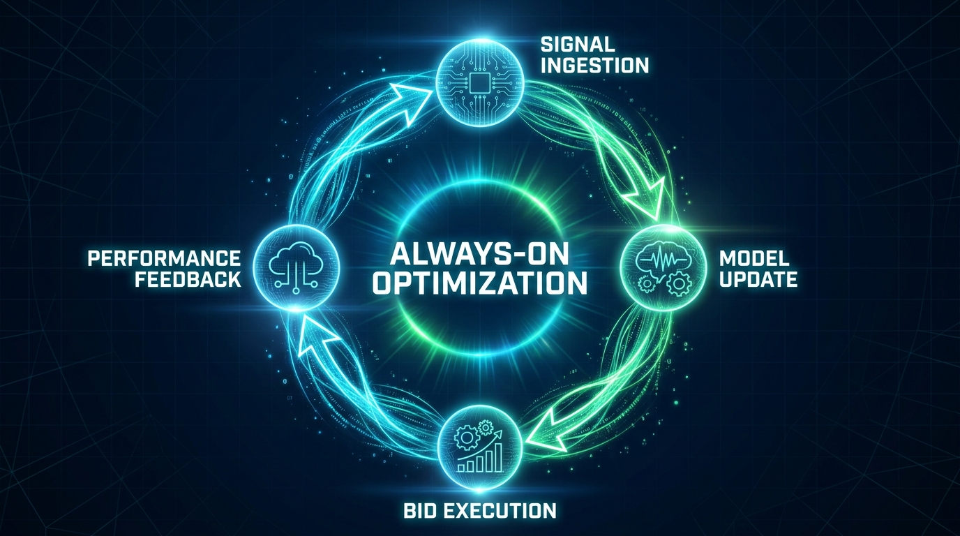 AI-powered PPC optimization loop diagram showing four connected nodes: Signal Ingestion, Model Update, Bid Execution, and Performance Feedback