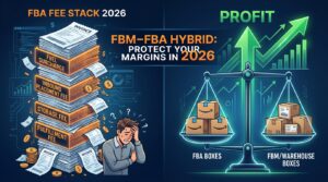 FBM–FBA Hybrid fulfillment strategy infographic showing the 2026 Amazon fee stack on one side and a balanced hybrid model on the other