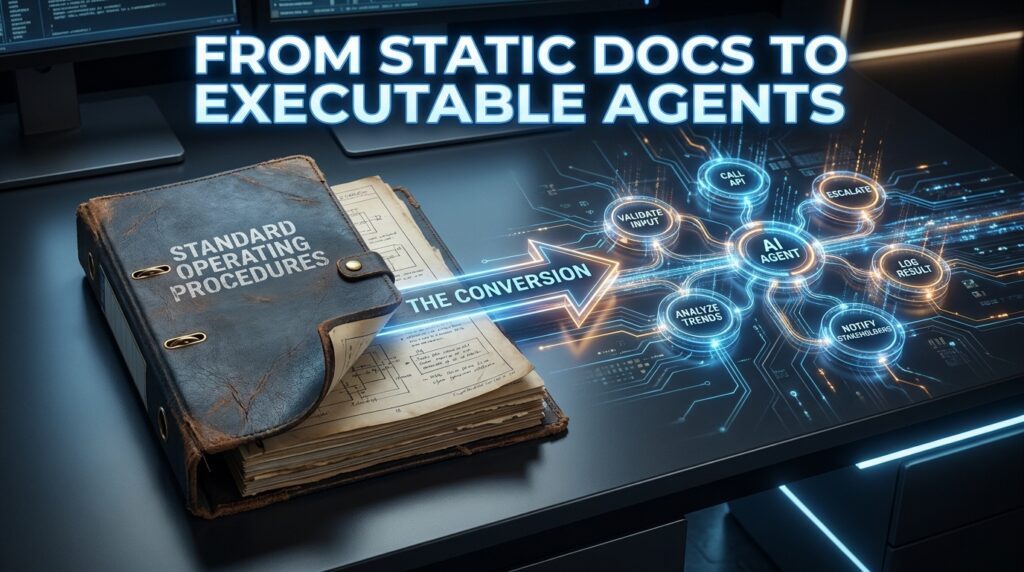 SOP binder transforming into a glowing network of AI agent nodes — the conversion from static docs to executable agents