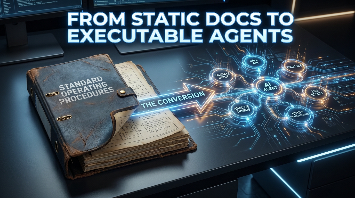 SOP binder transforming into a glowing network of AI agent nodes — the conversion from static docs to executable agents