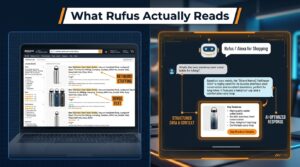 Amazon Rufus AI listing optimization — split screen showing keyword search versus conversational AI product discovery
