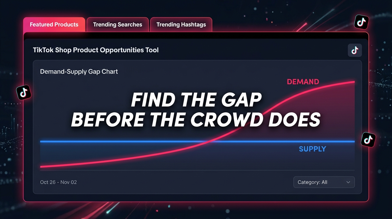 TikTok Shop Product Opportunities Tool dashboard showing demand-supply gap chart with trending tabs