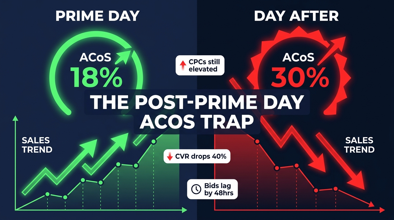 Post-Prime Day ACoS trap: split-screen dashboard showing ACoS dropping to 18% during Prime Day then spiking to 30% the day after