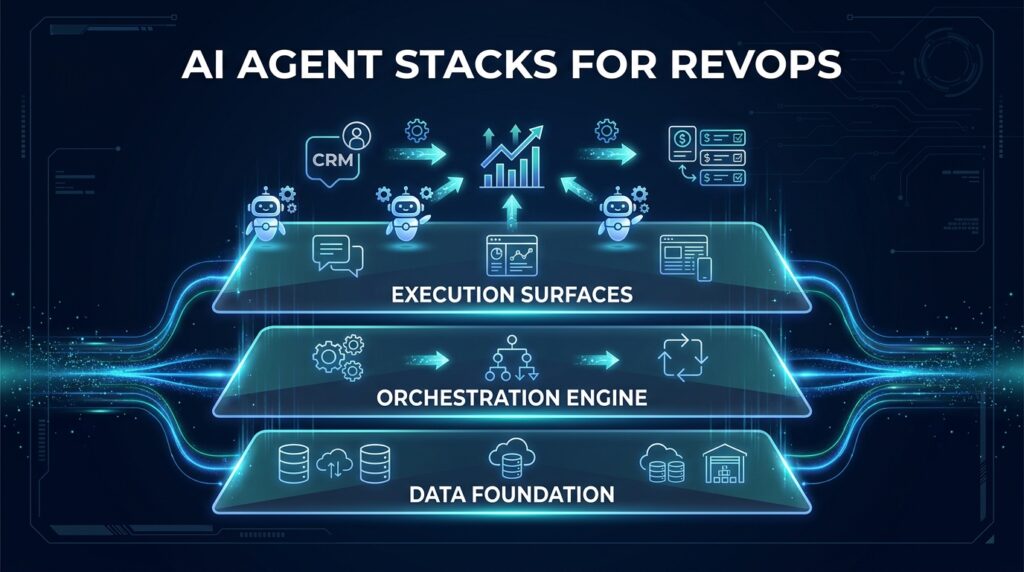 AI agent stacks for RevOps — three-layer architecture diagram with data foundation, orchestration engine, and execution surfaces