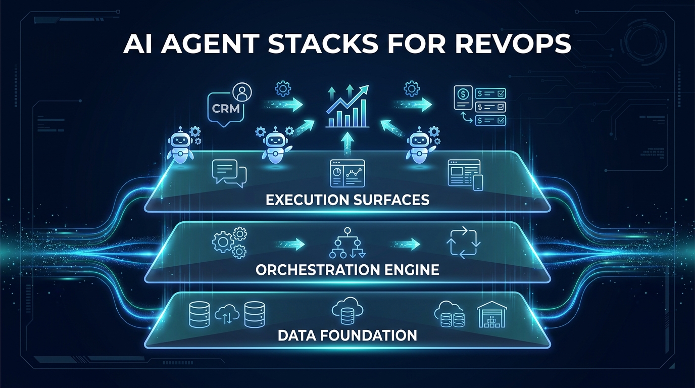 AI agent stacks for RevOps — three-layer architecture diagram with data foundation, orchestration engine, and execution surfaces