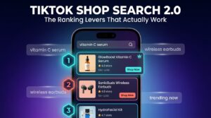 TikTok Shop Search 2.0 ranking levers — smartphone showing ranked product listings with search query overlays