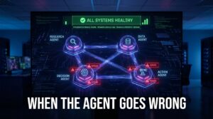 AI agent observability network diagram showing interconnected workflow agents with warning indicators while infrastructure monitoring falsely shows green status