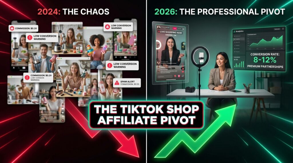 The TikTok Shop Affiliate Pivot: split-screen showing chaotic 2024 open affiliate model versus the professional 2026 creator setup with live shopping and high conversion rates