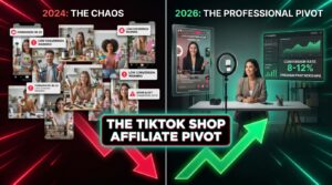 The TikTok Shop Affiliate Pivot: split-screen showing chaotic 2024 open affiliate model versus the professional 2026 creator setup with live shopping and high conversion rates
