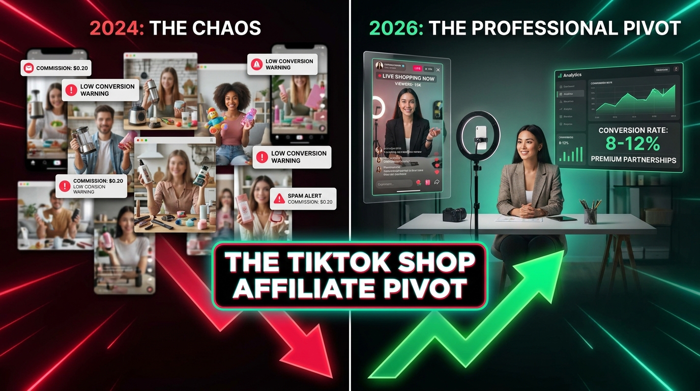 The TikTok Shop Affiliate Pivot: split-screen showing chaotic 2024 open affiliate model versus the professional 2026 creator setup with live shopping and high conversion rates
