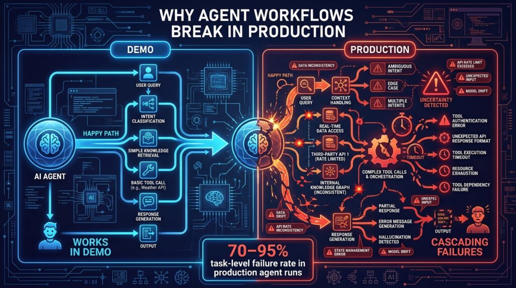 Engineering diagram showing why AI agent workflows break in production with 70-95% task-level failure rates