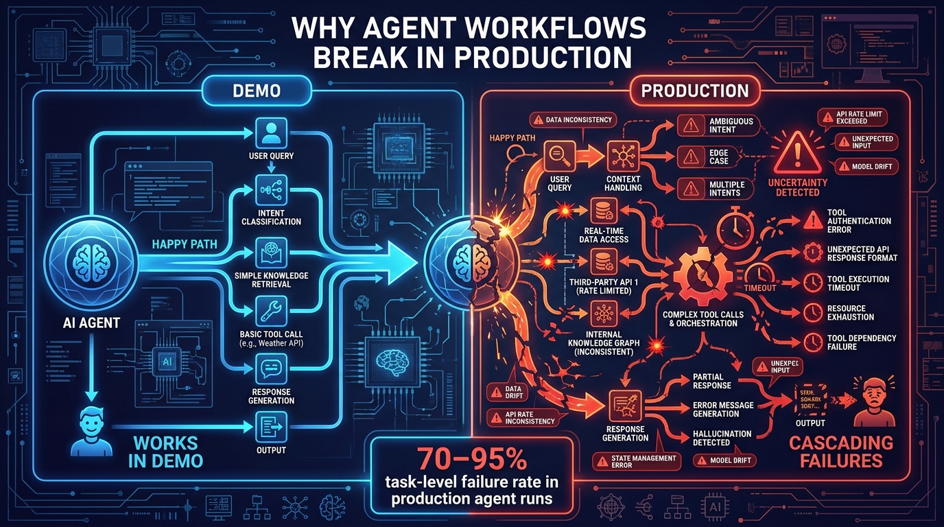 Engineering diagram showing why AI agent workflows break in production with 70-95% task-level failure rates