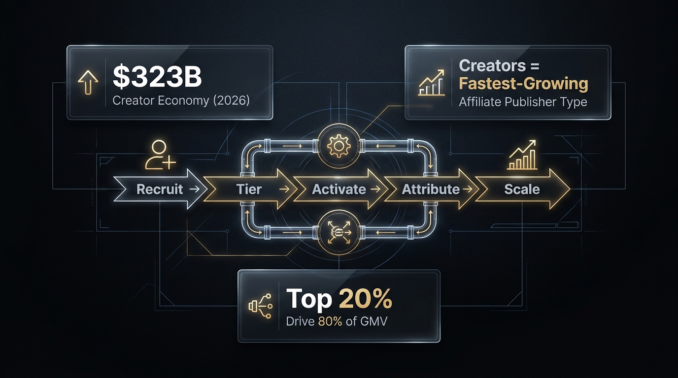 Creator affiliate engine dashboard showing pipeline stages and key 2026 statistics