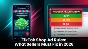TikTok Shop Ad Rules 2026 compliance split-screen showing compliant storefront vs. Account Health Rating warning dashboard