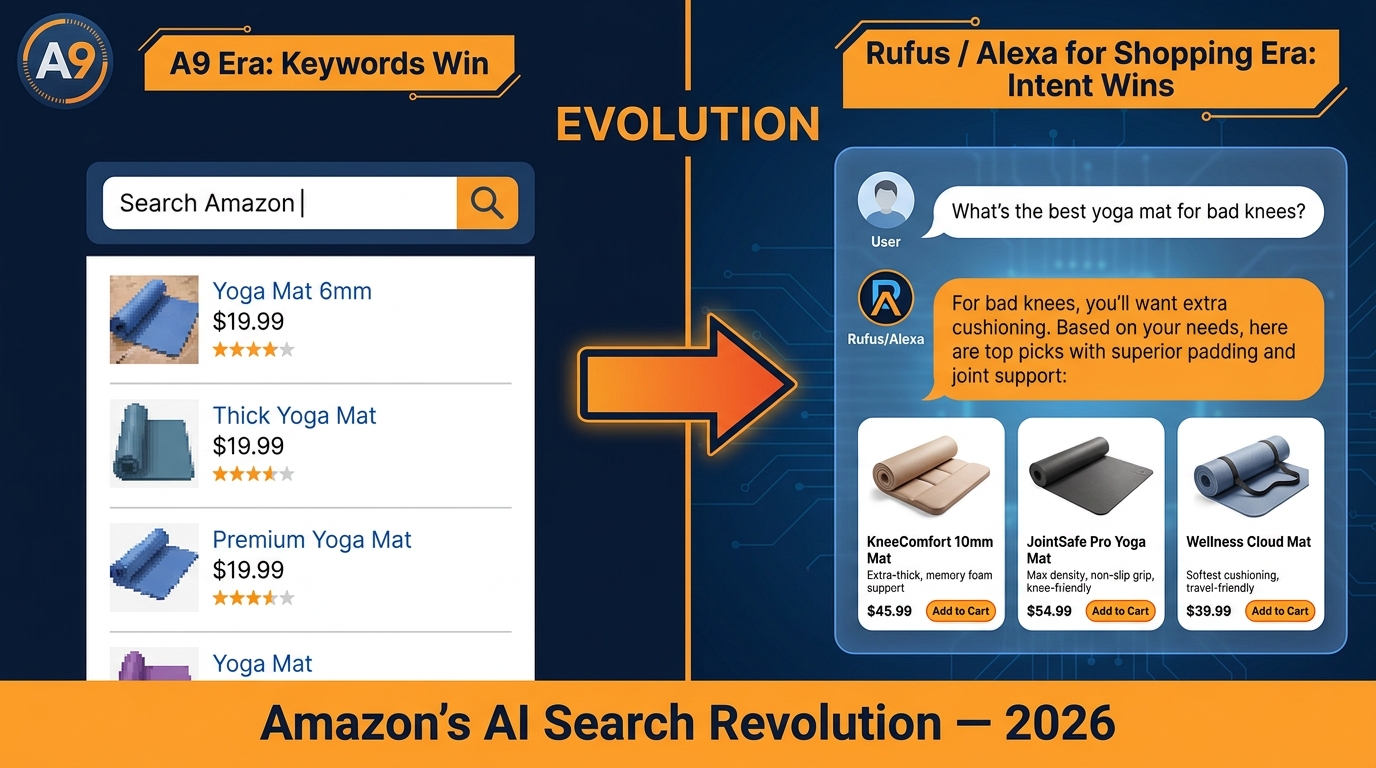 Split-screen infographic showing the evolution from Amazon A9 keyword search to Rufus/Alexa for Shopping AI-mediated intent-based discovery in 2026