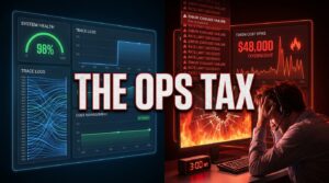 Split-screen showing a healthy AI agent dashboard versus chaos with a $48,000 overnight cost spike — The Ops Tax