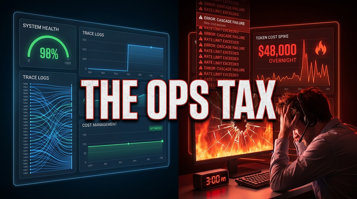 Split-screen showing a healthy AI agent dashboard versus chaos with a $48,000 overnight cost spike — The Ops Tax