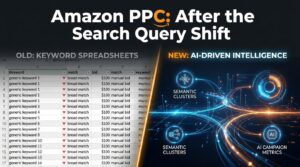Amazon PPC after the search query shift — split screen showing old keyword spreadsheets versus new AI-driven semantic campaign dashboards