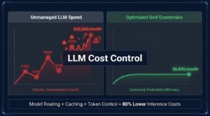 LLM cost control dashboard showing unmanaged vs optimized inference spend with 80% cost reduction through model routing, caching, and token control