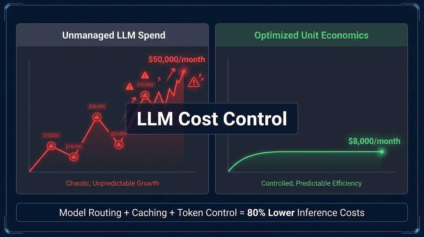 LLM cost control dashboard showing unmanaged vs optimized inference spend with 80% cost reduction through model routing, caching, and token control