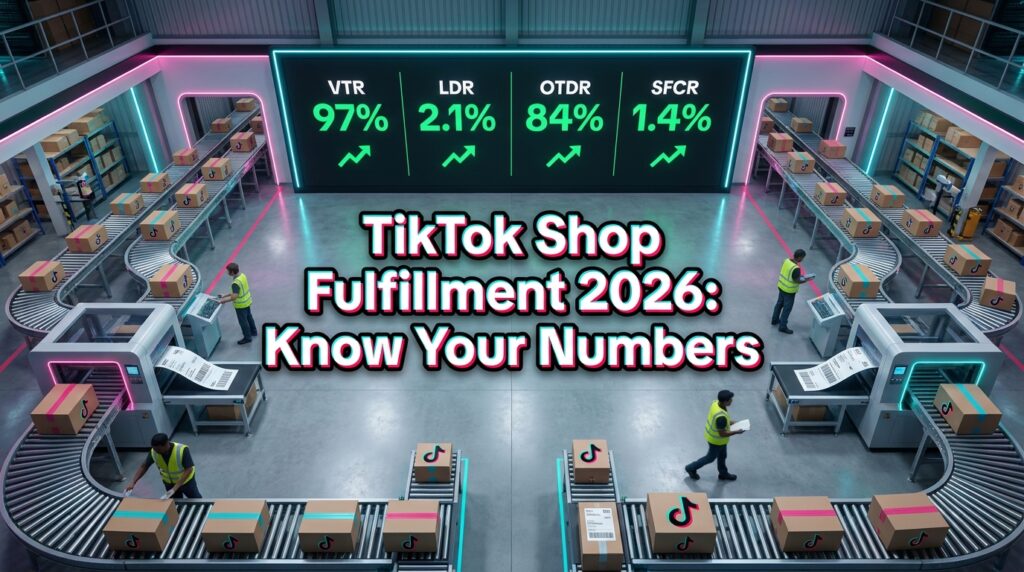 TikTok Shop fulfillment warehouse dashboard showing four key performance metrics VTR LDR OTDR SFCR all in green for 2026 standards