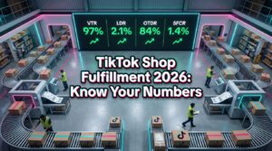 TikTok Shop fulfillment warehouse dashboard showing four key performance metrics VTR LDR OTDR SFCR all in green for 2026 standards