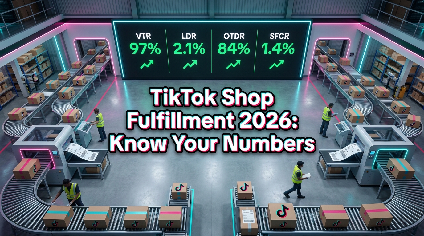 TikTok Shop fulfillment warehouse dashboard showing four key performance metrics VTR LDR OTDR SFCR all in green for 2026 standards