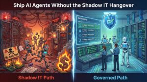 Split scene showing the chaotic Shadow IT path versus the clean, governed AI agent deployment path