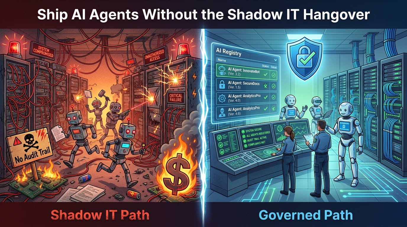 Split scene showing the chaotic Shadow IT path versus the clean, governed AI agent deployment path