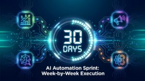 30-Day AI Automation Sprint countdown timer with department icons connected by circuit-board lines