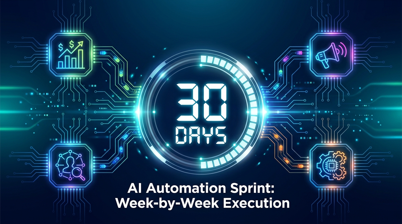 30-Day AI Automation Sprint countdown timer with department icons connected by circuit-board lines