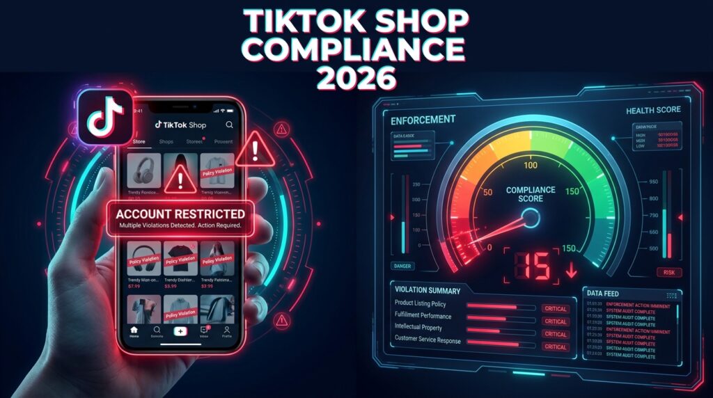 TikTok Shop compliance enforcement dashboard 2026 showing account restricted warnings and health score gauge dropping into red zones