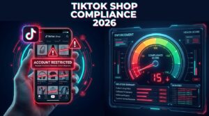 TikTok Shop compliance enforcement dashboard 2026 showing account restricted warnings and health score gauge dropping into red zones