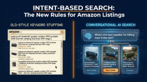 Split-screen showing old keyword-stuffed Amazon search versus modern AI-powered intent-based search with the overlay: INTENT-BASED SEARCH: The New Rules for Amazon Listings