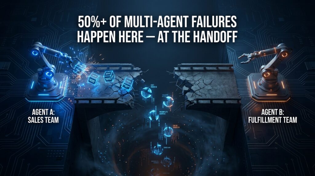 Illustration of two AI agent nodes connected by a broken bridge, with data packets falling into the void — representing the 50%+ failure rate at multi-agent handoff points