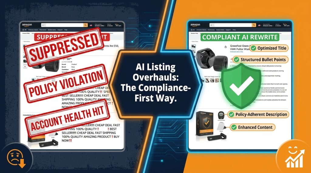 Split-screen comparison of a suppressed Amazon listing versus a compliant AI-rewritten listing, showing the compliance-first approach to AI listing overhauls