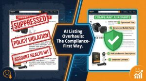 Split-screen comparison of a suppressed Amazon listing versus a compliant AI-rewritten listing, showing the compliance-first approach to AI listing overhauls