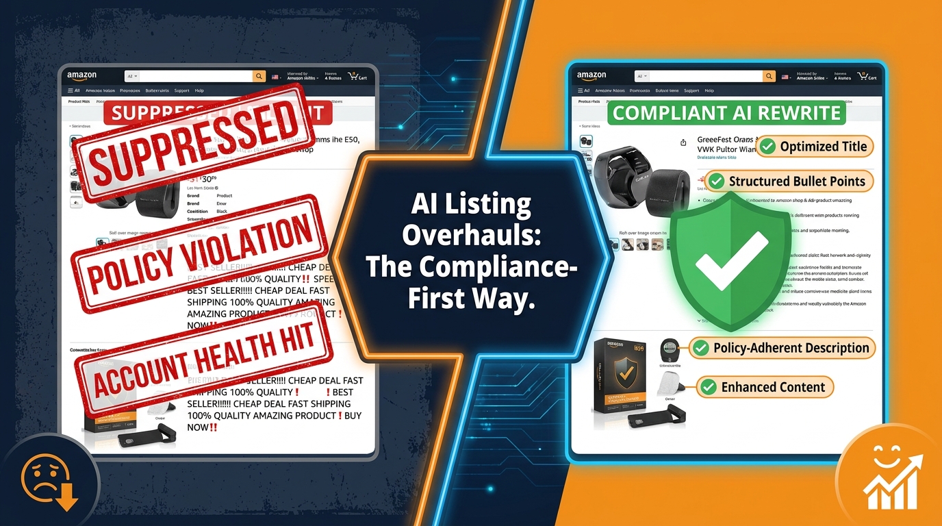 Split-screen comparison of a suppressed Amazon listing versus a compliant AI-rewritten listing, showing the compliance-first approach to AI listing overhauls