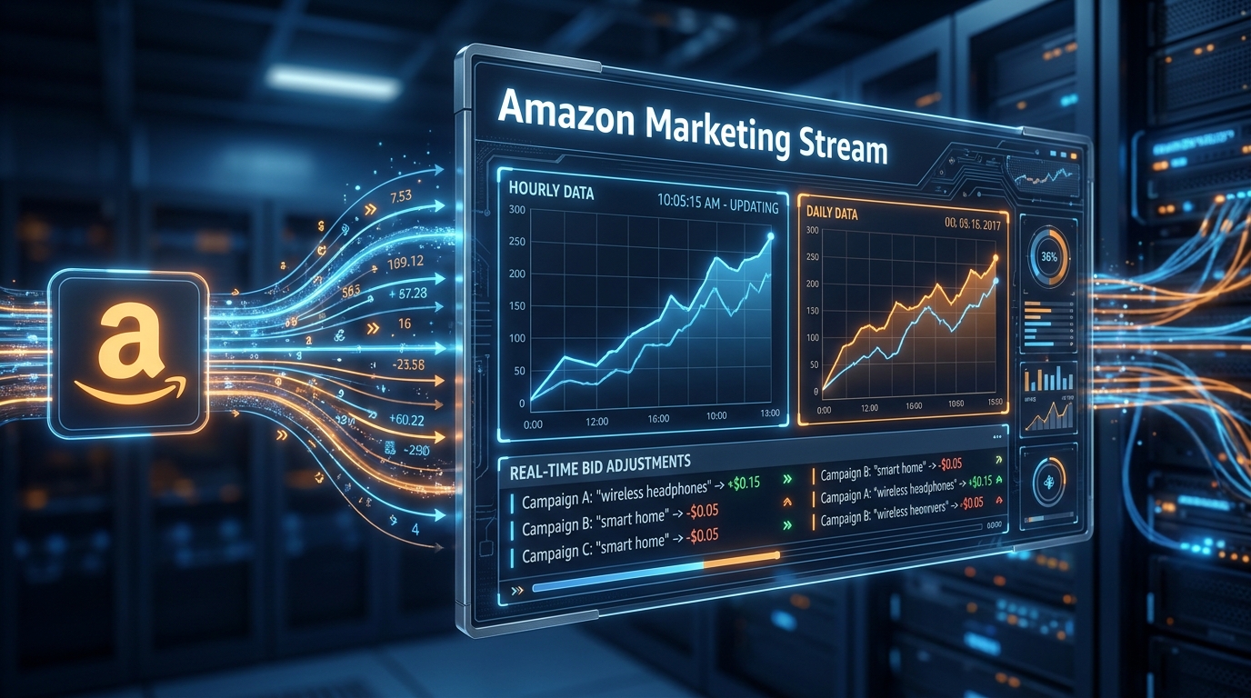 Amazon Marketing Stream real-time PPC optimization dashboard showing hourly data streams and live bid adjustments
