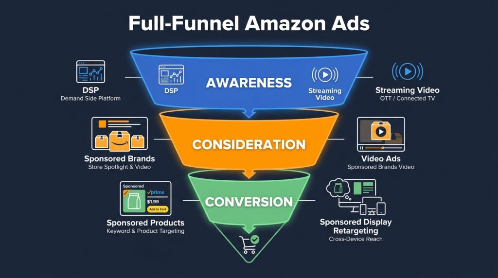 Full-Funnel Amazon Ads infographic showing Awareness, Consideration, and Conversion stages with corresponding ad formats