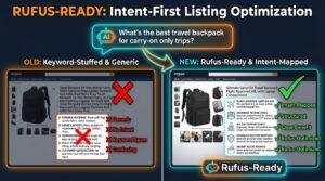 Rufus-Ready: Intent-First Listing Optimization — split screen showing keyword-stuffed vs. optimized Amazon listing with Rufus AI chat bubble