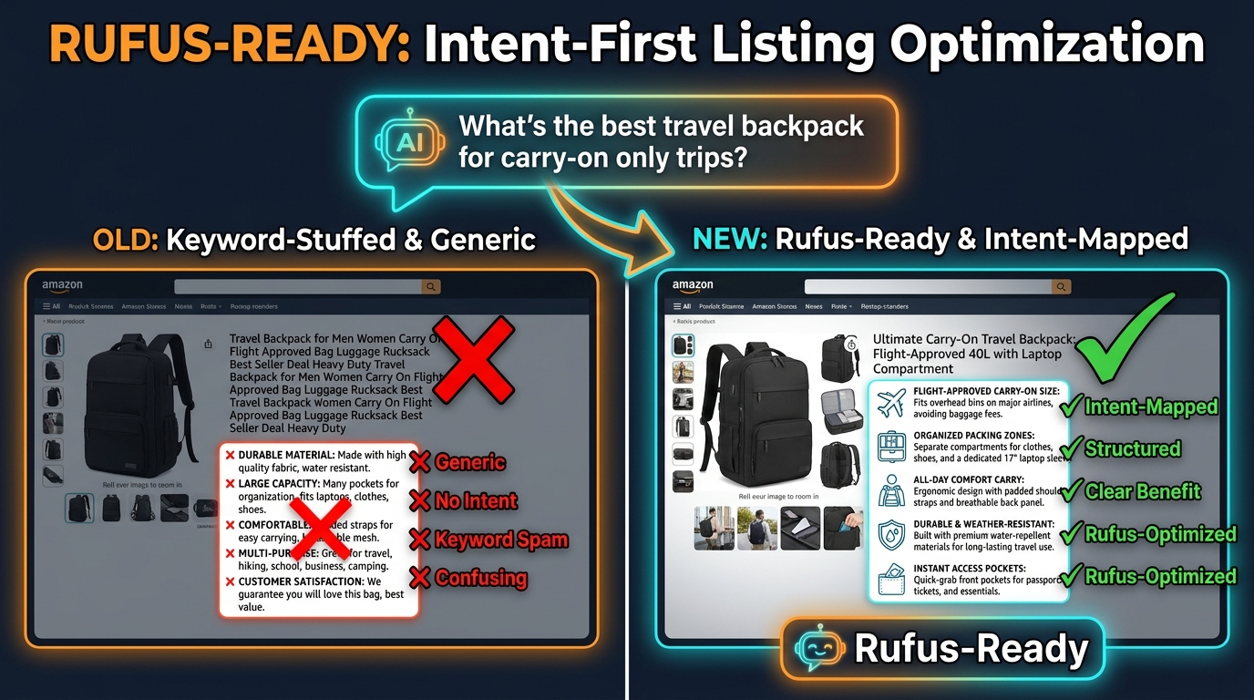 Rufus-Ready: Intent-First Listing Optimization — split screen showing keyword-stuffed vs. optimized Amazon listing with Rufus AI chat bubble